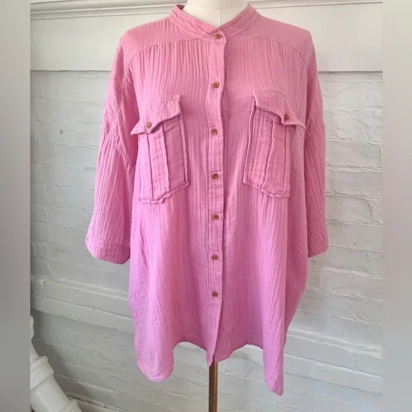 Acacia Swimwear Van Shirt in Sweet Pea Pink Gauze Organic Cotton Button Down - Picture 9 of 12